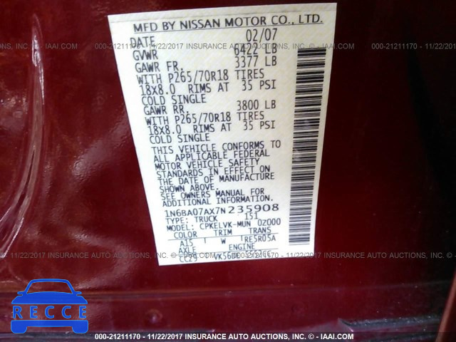 2007 Nissan Titan XE/SE/LE 1N6BA07AX7N235908 зображення 8