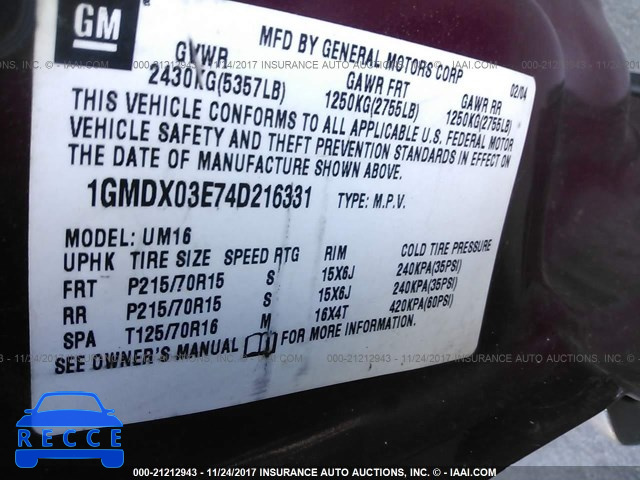 2004 Pontiac Montana 1GMDX03E74D216331 Bild 8