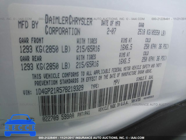 2007 Dodge Caravan C/V 1D4GP21R57B219329 image 8