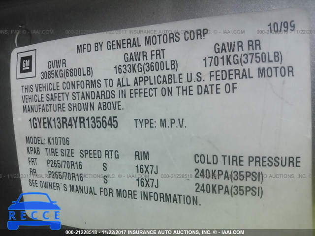 2000 Cadillac Escalade 1GYEK13R4YR135645 image 8