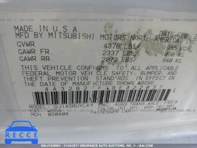 2011 Mitsubishi Galant FE 4A32B2FF3BE022037 image 8