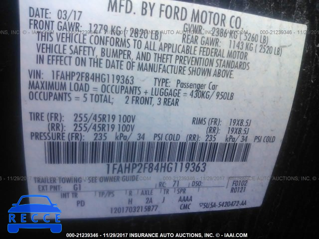 2017 FORD TAURUS LIMITED 1FAHP2F84HG119363 image 8