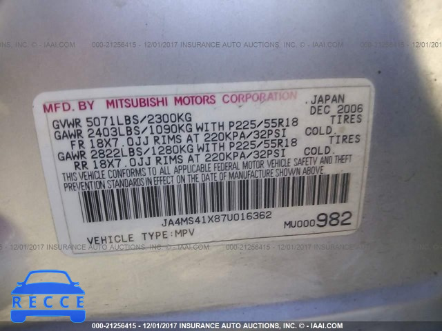 2007 Mitsubishi Outlander XLS JA4MS41X87U016362 image 8