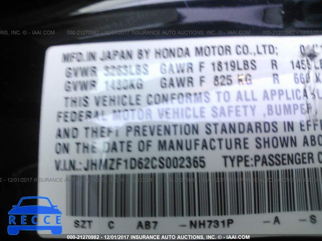 2012 Honda CR-Z EX JHMZF1D62CS002365 image 8