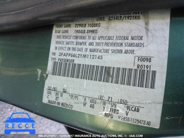 2000 FORD CONTOUR SE/SE SPORT 3FAFP66L2YM112145 image 8