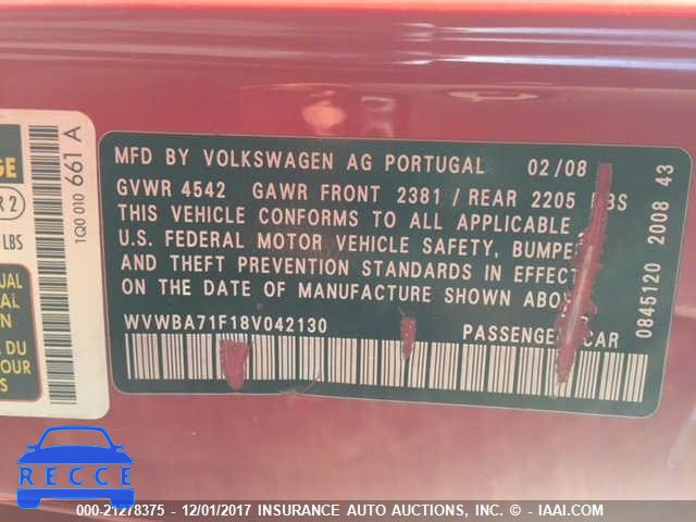 2008 Volkswagen EOS TURBO/KOMFORT WVWBA71F18V042130 image 8