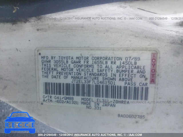 1990 Toyota Tercel JT2EL33F7L0461501 image 8