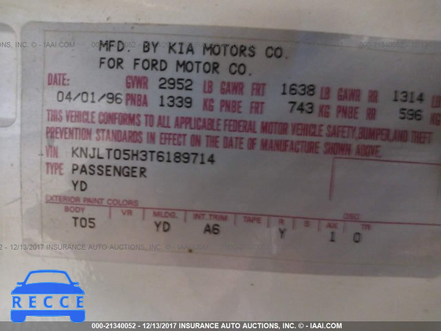 1996 Ford Aspire KNJLT05H3T6189714 зображення 8