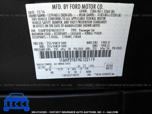 2017 FORD TAURUS LIMITED 1FAHP2F87HG102119 image 8