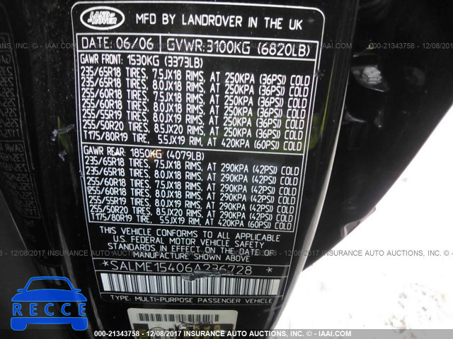 2006 Land Rover Range Rover HSE SALME15406A236728 image 8