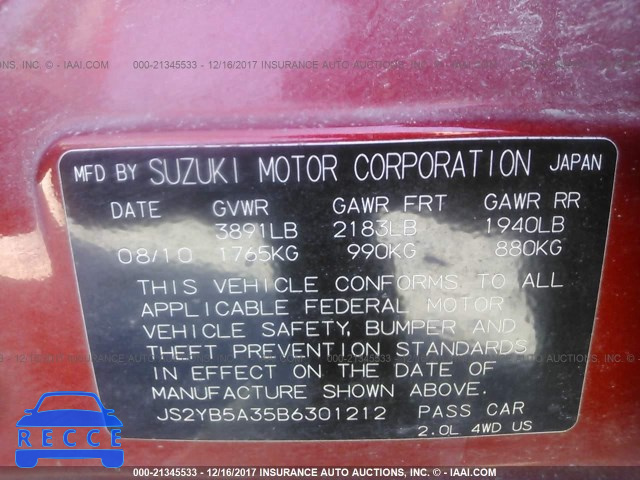 2011 Suzuki SX4 JS2YB5A35B6301212 зображення 8