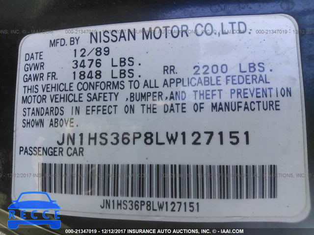 1990 Nissan 240SX SE JN1HS36P8LW127151 зображення 8
