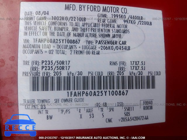 2005 Ford Thunderbird 1FAHP60A25Y100867 image 8