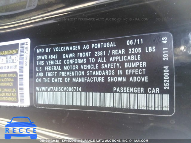 2012 Volkswagen EOS LUX/EXECUTIVE WVWFW7AH5CV006714 image 8