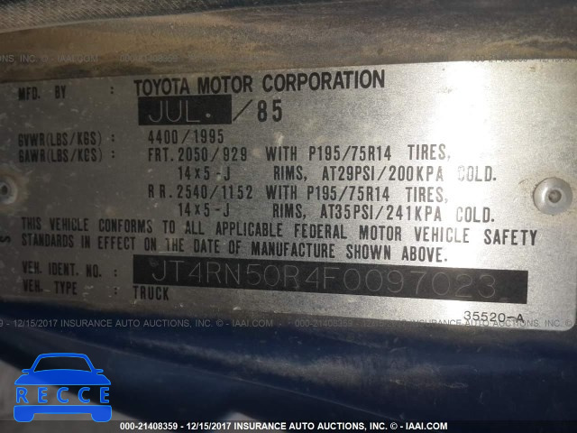 1985 Toyota Pickup 1/2 TON RN50 JT4RN50R4F0097023 зображення 8