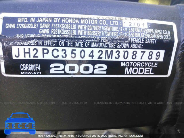 2002 HONDA CBR600 F4 JH2PC35042M308789 Bild 8