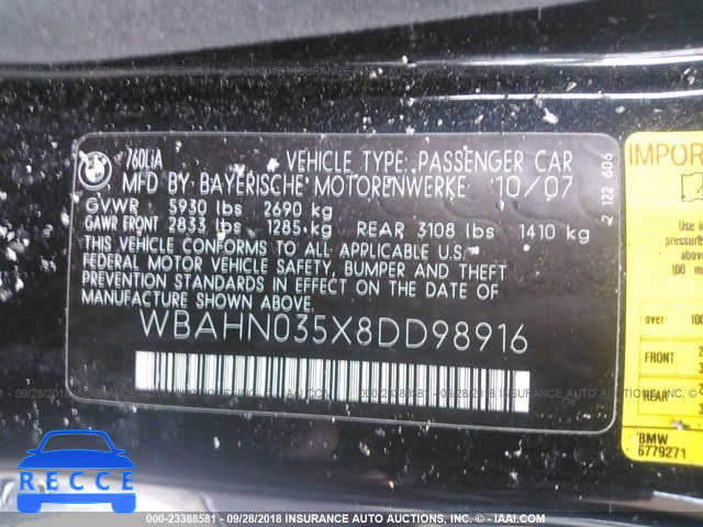 2008 BMW 760 LI WBAHN035X8DD98916 image 8