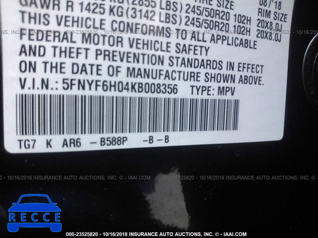 2019 HONDA PILOT ELITE 5FNYF6H04KB008356 зображення 8