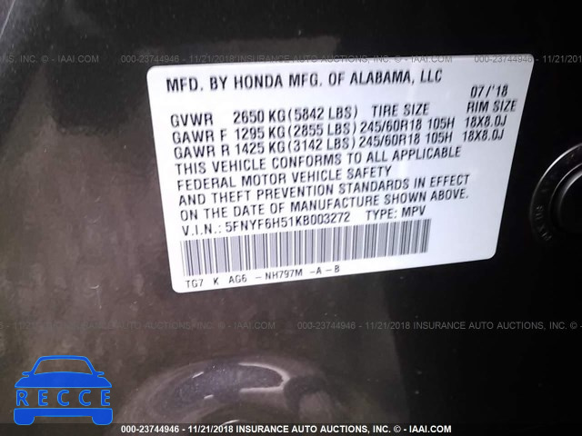 2019 HONDA PILOT EXL 5FNYF6H51KB003272 image 8