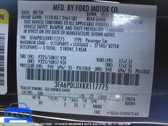 2019 FORD FUSION SE 3FA6P0LUXKR117775 Bild 8