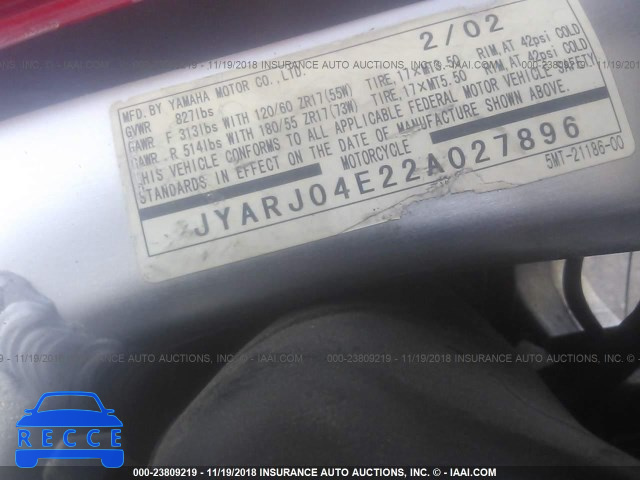 2002 YAMAHA YZFR6 L JYARJ04E22A027896 зображення 9