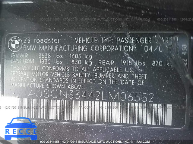 2002 BMW Z3 2.5 4USCN33442LM06552 image 8