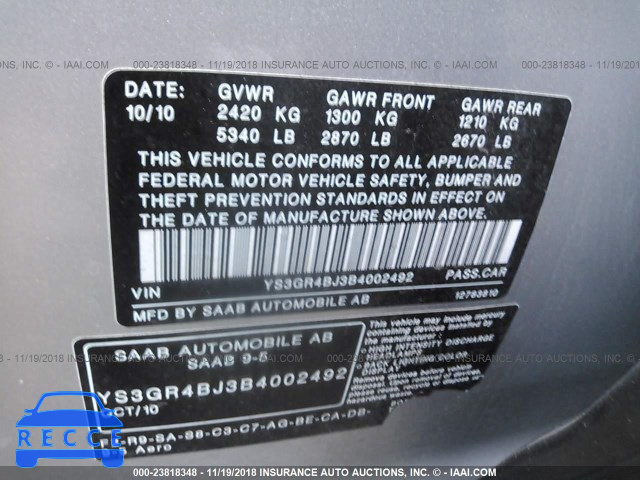 2011 SAAB 9-5 AERO YS3GR4BJ3B4002492 Bild 8