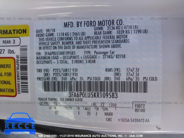2019 FORD FUSION 3FA6P0LU5KR109583 Bild 8