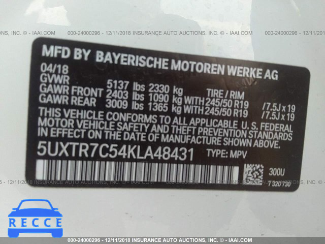 2019 BMW X3 SDRIVE30I 5UXTR7C54KLA48431 image 8