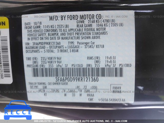 2019 FORD FUSION 3FA6P0D99KR121360 Bild 8