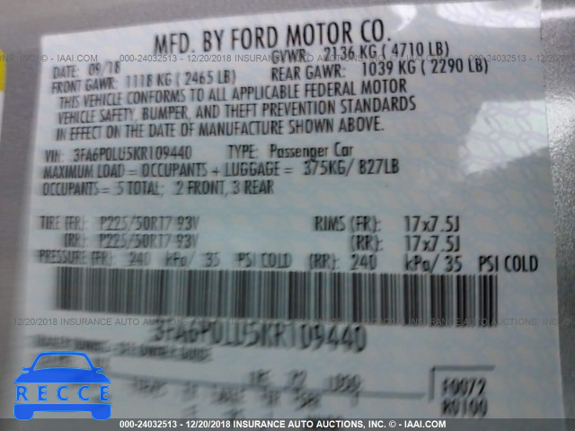 2019 FORD FUSION SE 3FA6P0LU5KR109440 Bild 8