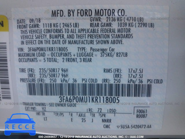 2019 FORD FUSION SEL 3FA6P0MU1KR118005 image 8