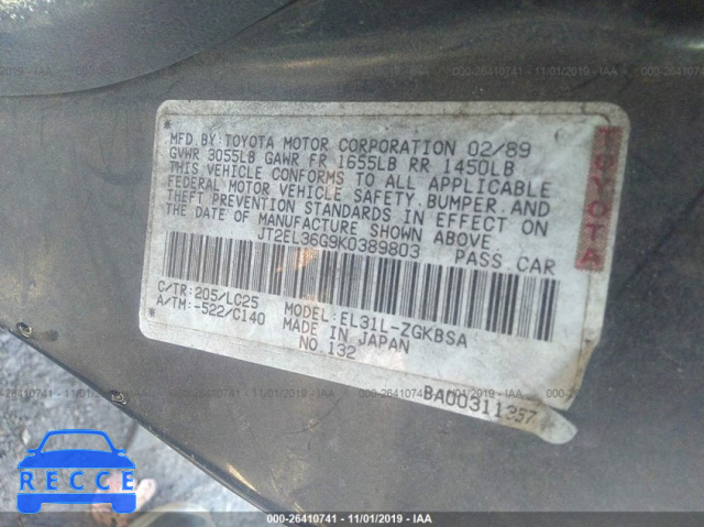 1989 TOYOTA TERCEL EZ JT2EL36G9K0389803 image 8