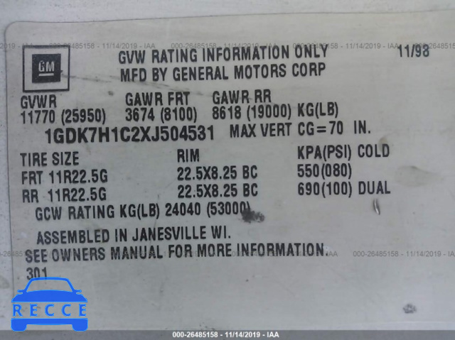 1999 GMC C-SERIES C7H042 1GDK7H1C2XJ504531 Bild 8