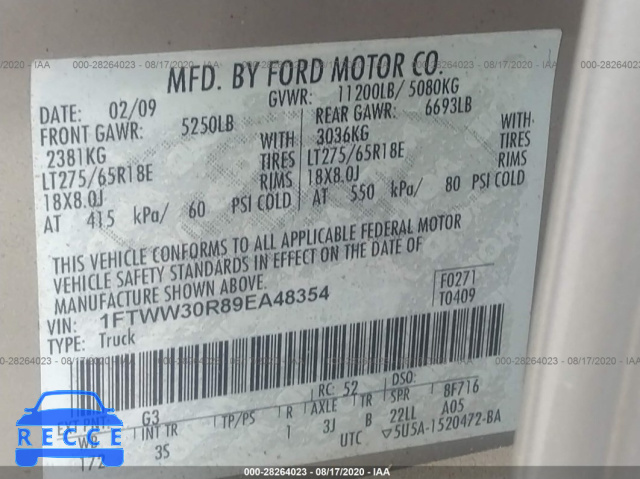 2009 FORD SUPER DUTY F-350 SRW XL/XLT/LARIAT/KING RANCH 1FTWW30R89EA48354 зображення 8