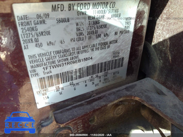 2009 FORD SUPER DUTY F-350 SRW XL/XLT/FX4/CABELAS 1FTWW31R09EB15804 зображення 8
