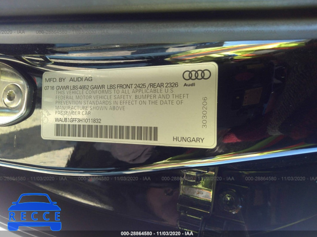 2017 AUDI S3 PREMIUM PLUS WAUB1GFF3H1011832 image 8