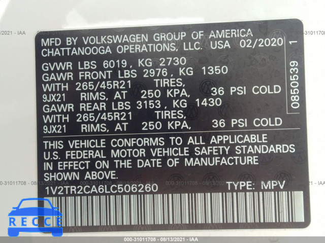 2020 VOLKSWAGEN ATLAS 3.6L V6 SEL PREMIUM 1V2TR2CA6LC506260 image 8