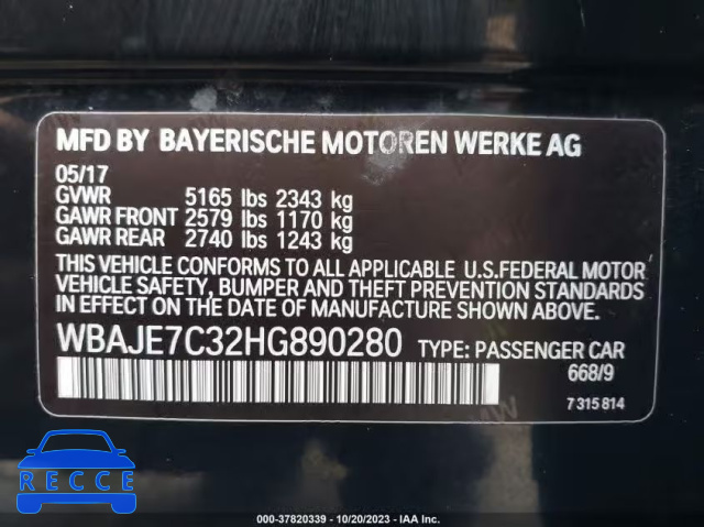 2017 BMW 540I XDRIVE WBAJE7C32HG890280 image 8