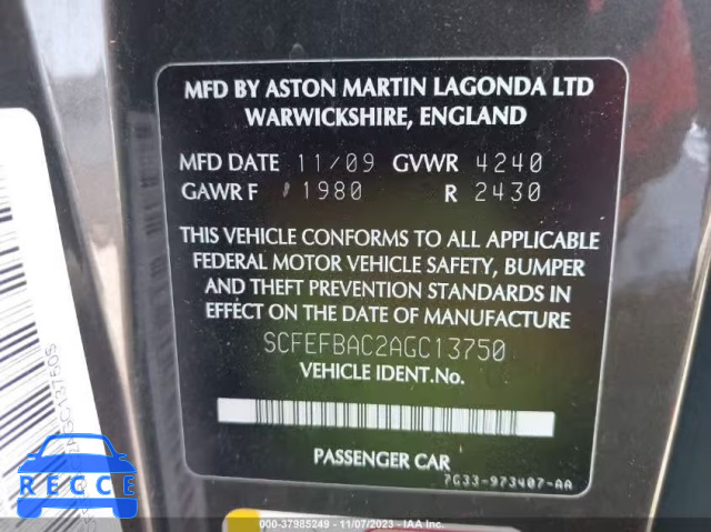 2010 ASTON MARTIN V8 VANTAGE SCFEFBAC2AGC13750 image 8