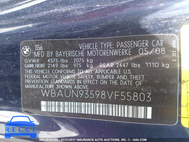 2008 BMW 135 I WBAUN93598VF55803 image 8