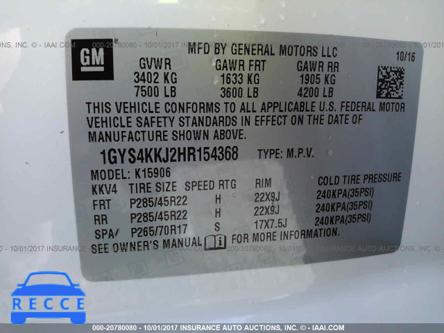 2017 CADILLAC ESCALADE ESV PLATINUM 1GYS4KKJ2HR154368 image 8