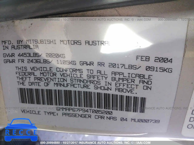2004 MITSUBISHI DIAMANTE LS 6MMAP67P94T005200 зображення 8
