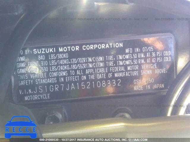 2005 SUZUKI GSX-R750 K JS1GR7JA152108332 image 9