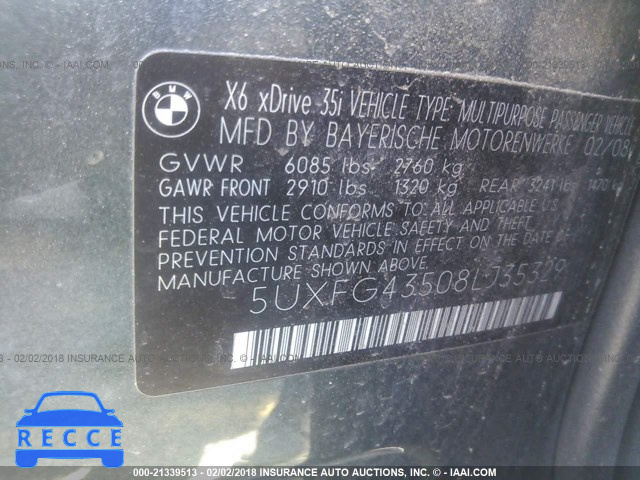 2008 BMW X6 XDRIVE35I 5UXFG43508LJ35329 image 8