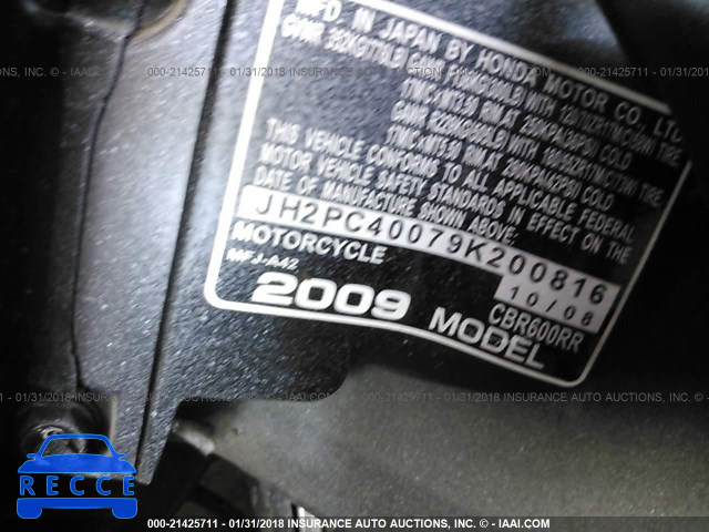 2009 HONDA CBR600 RR JH2PC40079K200816 зображення 9