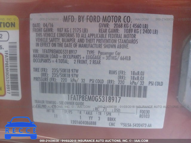 2016 FORD MUSTANG 1FATP8EM0G5318917 image 8