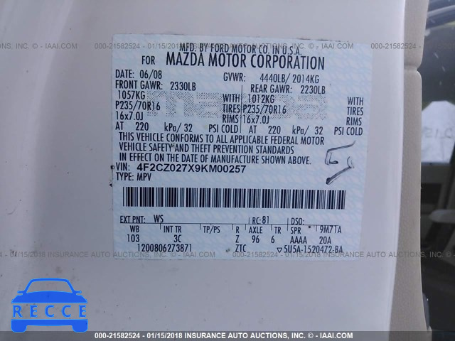 2009 MAZDA TRIBUTE I 4F2CZ027X9KM00257 image 8