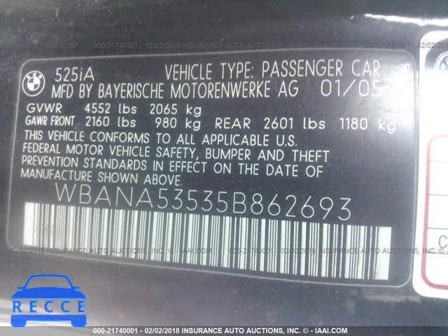 2005 BMW 525 I WBANA53535B862693 image 8