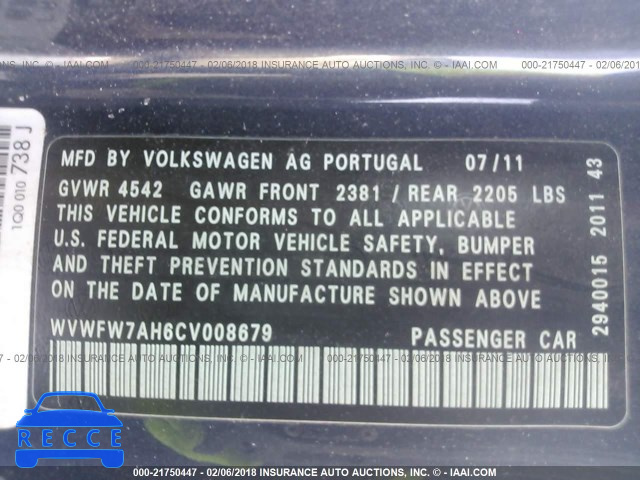 2012 VOLKSWAGEN EOS LUX/EXECUTIVE WVWFW7AH6CV008679 image 8